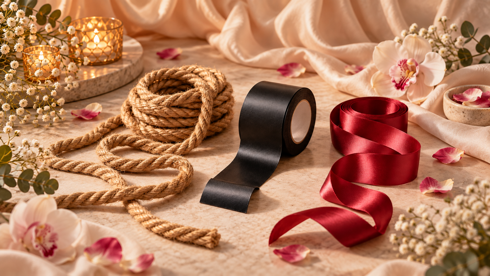 Lina, taśma i wstążka do bondage Lina, taśma bondage i satynowa wstążka w dekoracyjnej aranżacji